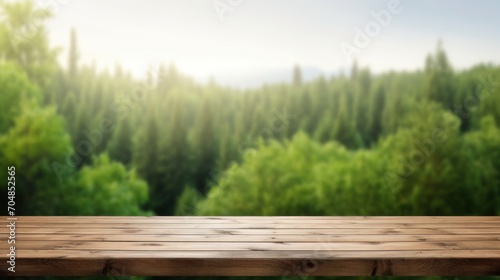 Wooden tabletop and blurred green forest landscape background for displaying or mounting your products