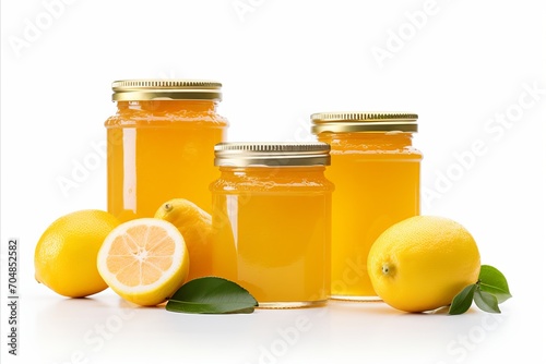 Tempting homemade lemon jam with citrus slices on white background, copy space for text