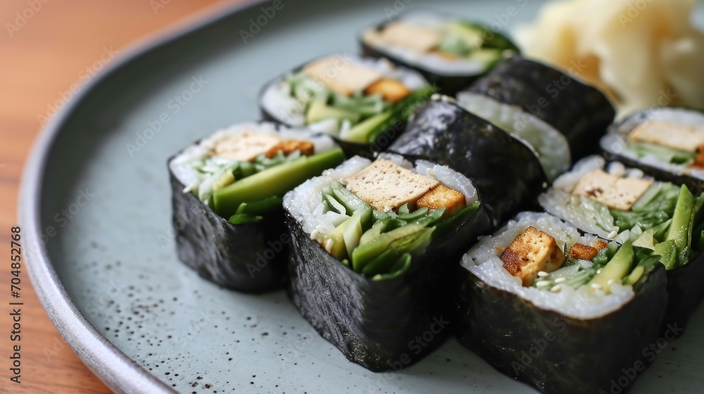 a close up of a plate of food with sushi and a side of mashed potatoes and broccoli. a close up of a plate of food with sushi and a side of mashed potatoes and broccoli.