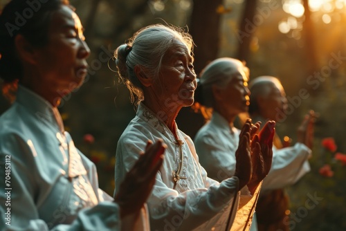 A photo of an elderly group practicing qigong outdoors, capturing the harmony and calmness of the group in nature