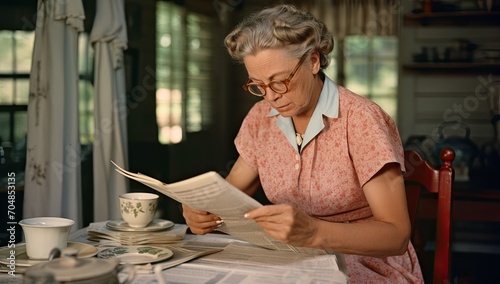 A senior woman peruses documents in the comfort of her home. Clad in casual attire and donning glasses, she sits at a table, engaged in reading and jotting down notes.