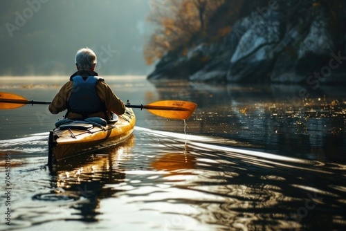A photo of an elderly man kayaking on a calm lake, focusing on his reflection in the water and the serene environment © Nino Lavrenkova