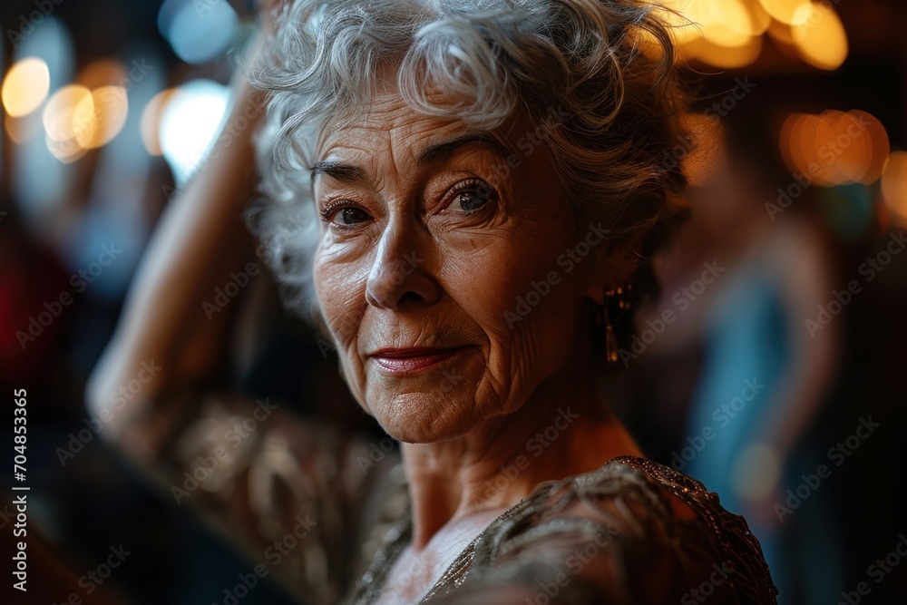 A photo of an elderly woman in a dance class, focusing on her joyful expression and elegant dance moves