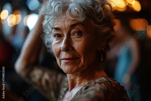 A photo of an elderly woman in a dance class, focusing on her joyful expression and elegant dance moves