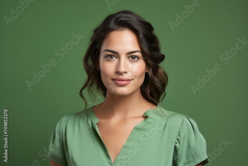 Portrait of a beautiful young brunette woman on a green background