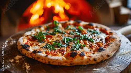  a pizza sitting on top of a wooden cutting board in front of a pizza oven with a fire in the background.
