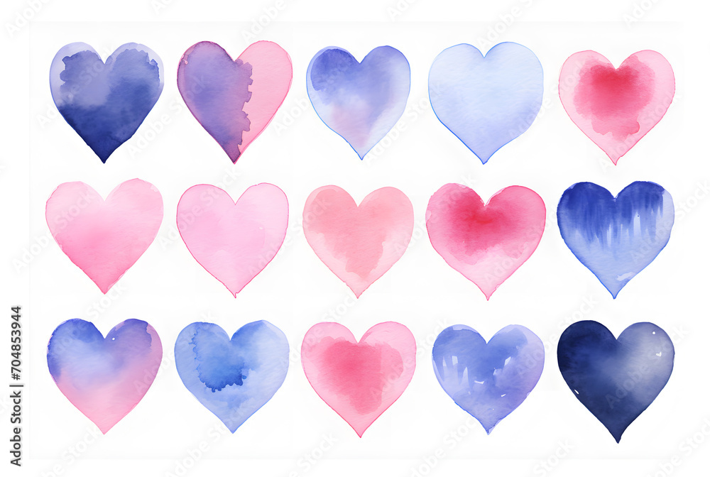 Valentine's day. Set of hand painted watercolor hearts Isolated on white background