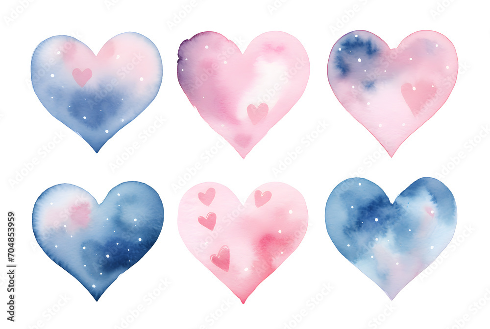 Valentine's day. Set of hand painted watercolor hearts Isolated on white background