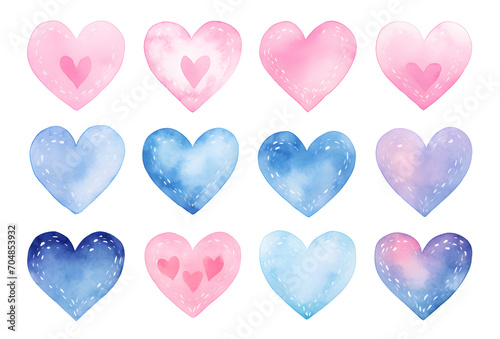 Valentine's day. Set of hand painted watercolor hearts Isolated on white background