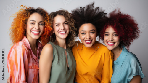 Studio portrait of three beautiful women in their 30s from diverse ethnicities posed smiling on a neutral background
