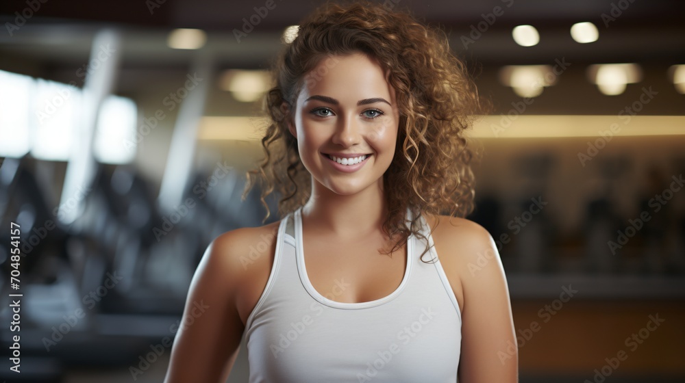 Portrait of a young woman in a white tank top smiling in a gym