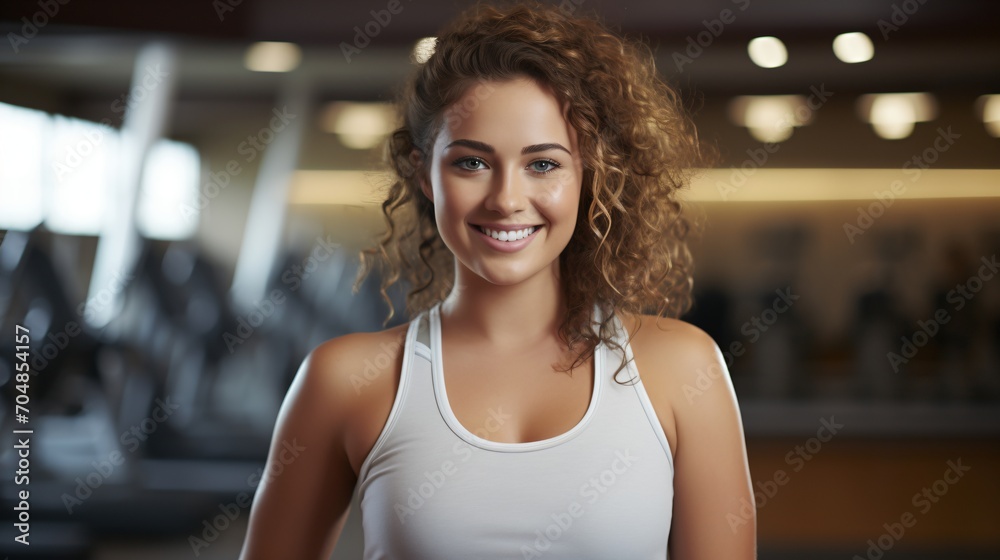 Portrait of a young woman in a white tank top smiling in a gym Portrait of a young woman in a white tank top smiling in a gym