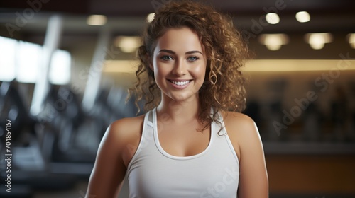 Portrait of a young woman in a white tank top smiling in a gym