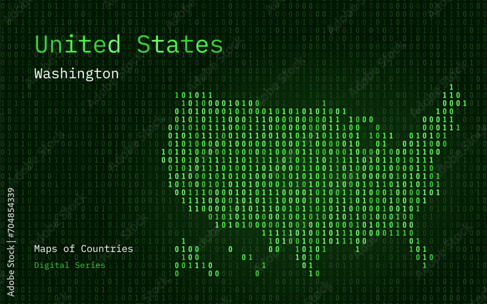 United States of America Green Map Shown in Binary Code Pattern. TSMC. Matrix numbers, zero, one. World Countries Vector Maps. Digital Series