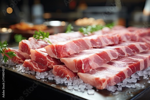 Meat processing plant. Slices of fresh bacon and mint slices on a conveyor belt in the workshop. Arrival of jamon or cold cuts. Production of pork or beef in a modern enterprise photo