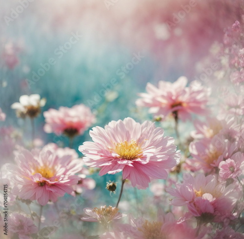 Flowers background. beautiful pink flowers blossom in bright pink  blue colors. art .blurred. botanical poster. watercolor style