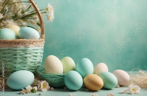 Easter background. A lot of Easter eggs in a wicker basket pastel colors. Copy space