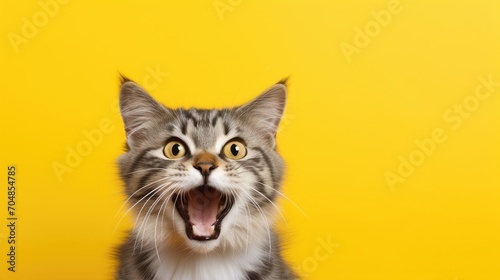Shocked cat standing over the yellow background with open mouth expression. Cat photo studio shot concept © dwiadi14