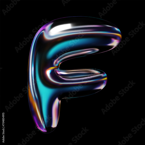Holographic 3D letter F with rainbow reflective surface. Metallic balloon bubble form with shiny gloss finish. Rendered vector illustration for retro futuristic Y2K style design