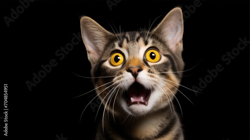 Shocked cat standing over the dark background with open mouth expression. Cat photo studio shot concept