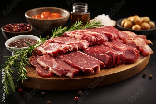 Assortment of fresh meat on wooden board: various types of beef steaks