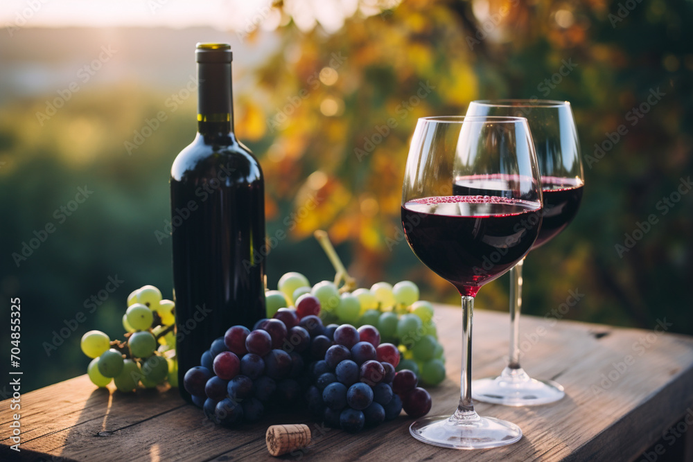 Fototapeta premium Glass of wine against the backdrop of a vineyard