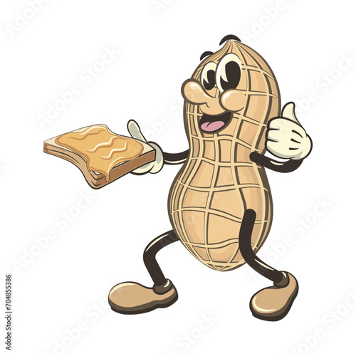vector vintage illustration of a peanut mascot character carrying a piece of bread with peanut jam spread while giving a thumbs up, work of handmade