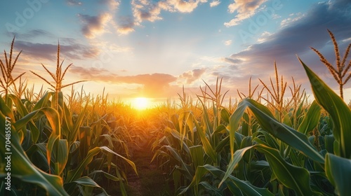 sunset beauty over corn field with blue sky and clouds landscape,