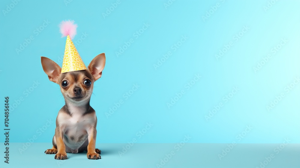 Party dog in hat, isolated on blue background with copy space, happy birthday concept
