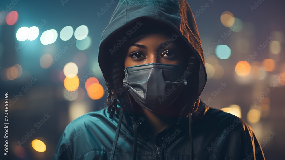 a portrait photo of a person with a hoodie with a face mask in a air polluted city a portrait photo of a person with a hoodie with a face mask in a air polluted city