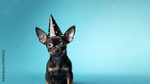 Birthday dog in party hat celebrating on blue background with copy space, happy birthday concept