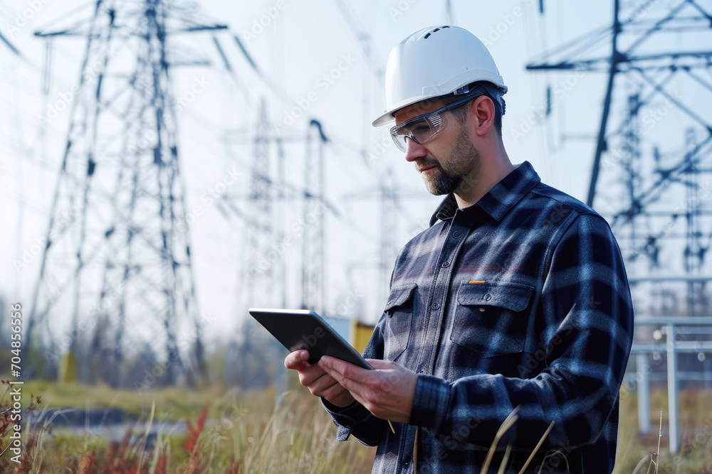 Male electrician with a tablet against the background of high-voltage power lines Male electrician with a tablet against the background of high-voltage power lines