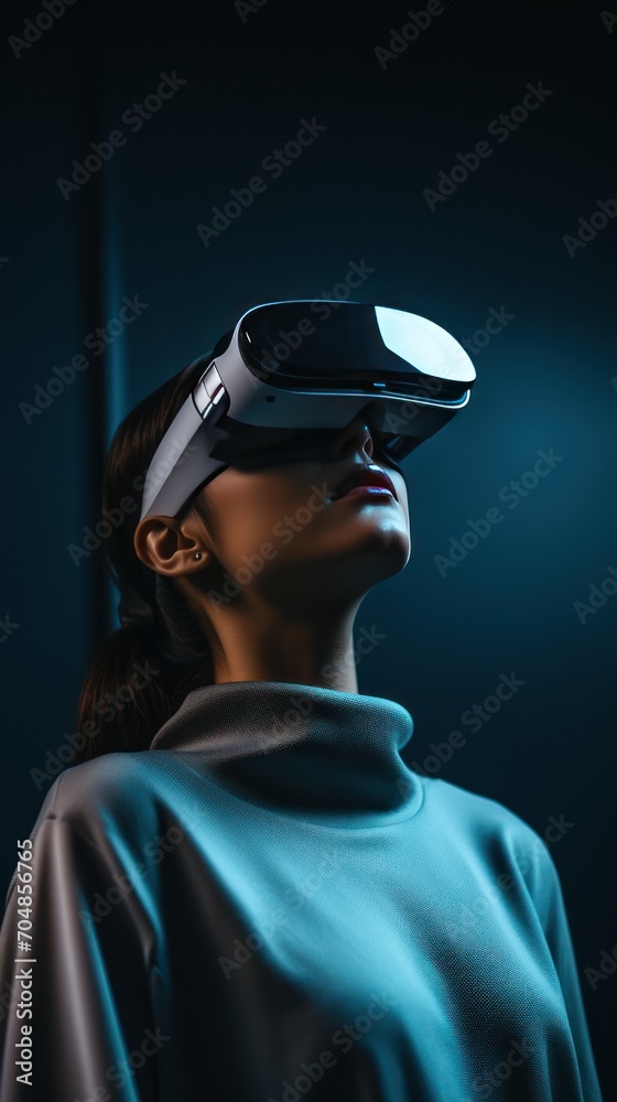 A person in a futuristic virtual reality headset. A person in a futuristic virtual reality headset.