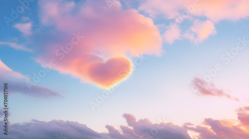Image of clouds gathering in the shape of a heart. The sky is clear in the afternoon.