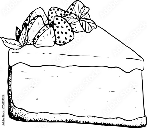 Vector strawberry cheesecake dessert black and white illustration. Delicious triangle cake piece with berries and mint leaves sketch for bakery