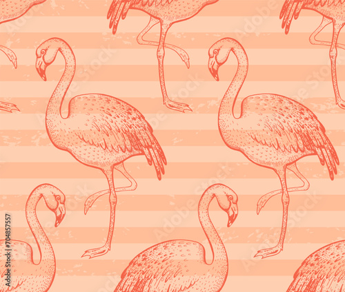 Peach fuzz flamingo seamless pattern. 2024 peach fuzz trendy background. Flamingo feather tropic color pattern. Seamless abstract 2024 year color art. Watercolor spring summer fashion bird design