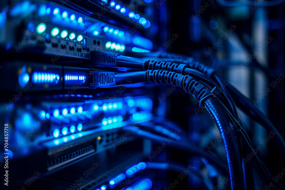 network equipment, switch hub and cables, blue lights, technology and it. computer magazine ad or website. ethernet adapter. internet server, LAN network equipment, switch hub and cables, blue lights, technology and it. computer magazine ad or website. ethernet adapter. internet server, LAN