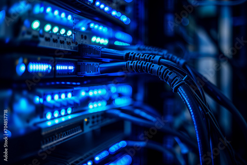 network equipment, switch hub and cables, blue lights, technology and it. computer magazine ad or website. ethernet adapter. internet server, LAN photo
