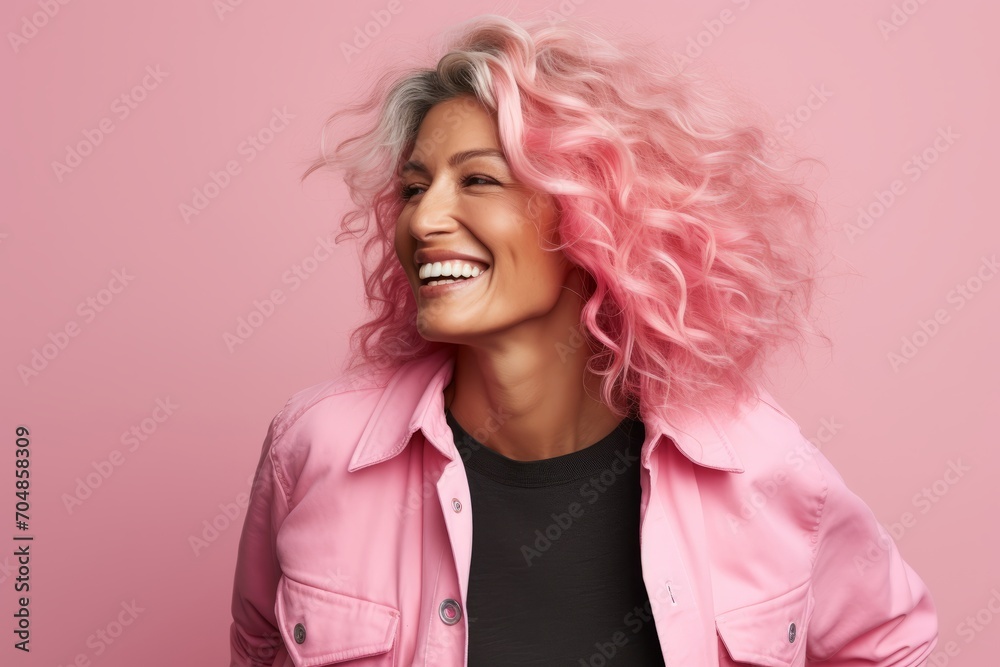 Portrait of a smiling woman with pink hair on a pink background