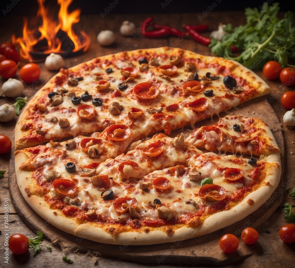 Pizza with mozzarella, mushrooms, and tomatoes on a wooden background