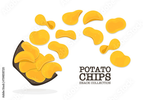 Vector illustration of flat, crispy, wavy pieces of potato chips bouncing off a wooden bowl. Vector crispy vegetable snacks or junk food Salty potato chips isolated on white cartoon background.
