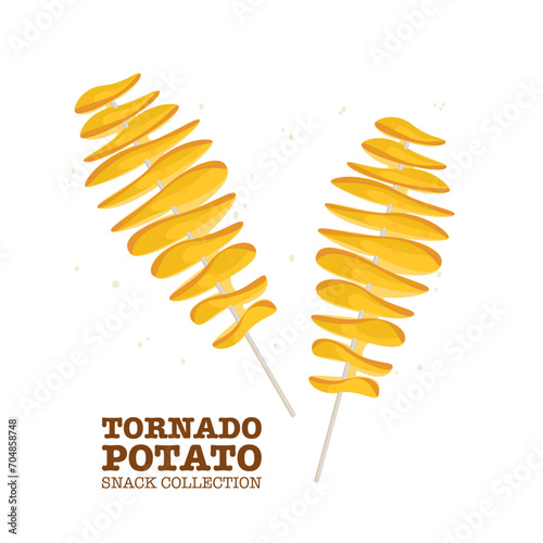 Vector illustration, twisted spiral chip Potato Tornado Fast food for a street cafe or quick takeaway food isolated on a white cartoon background.
