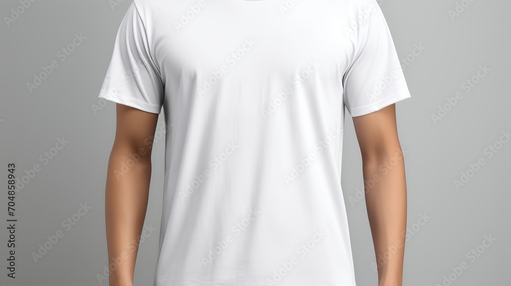 White t shirt mockup template for design print studio with isolated bright shot on light gray wall White t shirt mockup template for design print studio with isolated bright shot on light gray wall