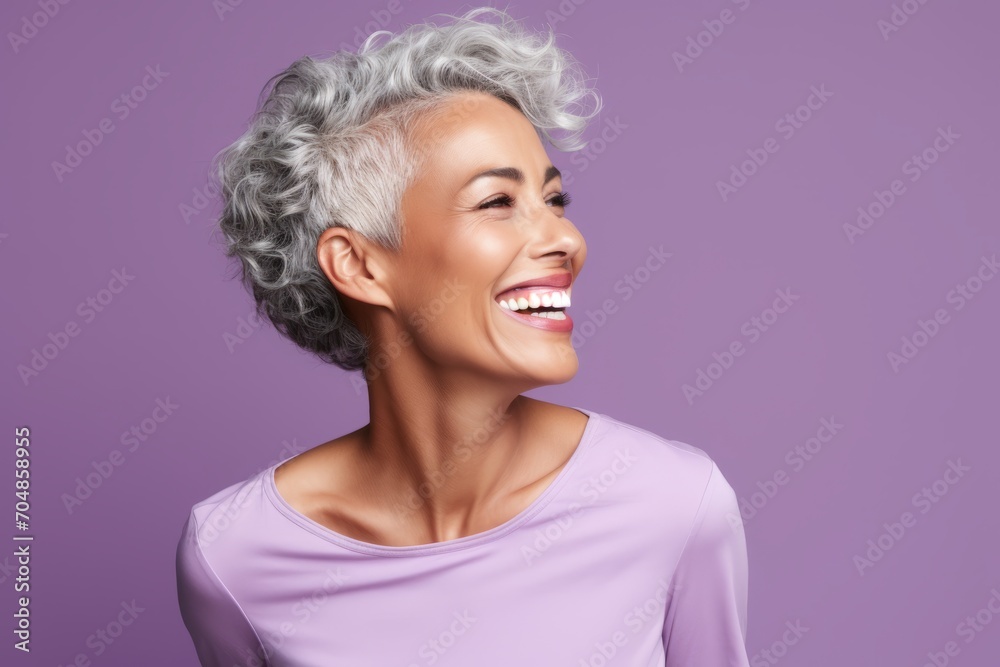 Beauty portrait of smiling middle aged woman with grey hair over violet background Beauty portrait of smiling middle aged woman with grey hair over violet background