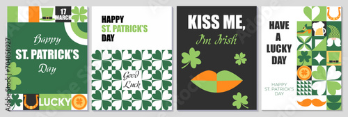 Set of Happy St. Patrick's Day geometric abstract posters, greeting card, banners, sale promotion templates. Vector mosaic backgrounds with a leprechaun hat, clover, gold coins, beer and simple forms.