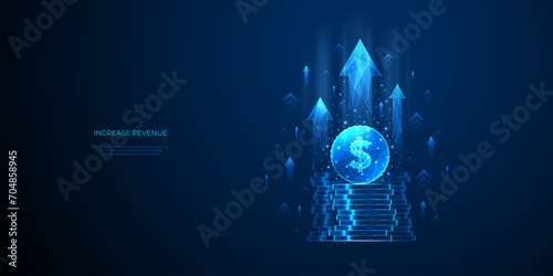 Increase Revenue Concept. Light Blue Dollar Coin and Money Stack with Growth Arrows Up on Technology Background. Financial Profit and Budget Metaphors. Digital Vector Low Polygonal Illustration.  photo