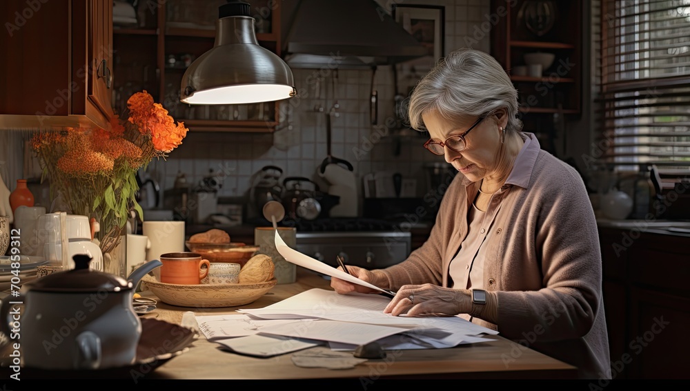 An elderly woman efficiently oversees household expenses, embodying the concept of financial accountability.