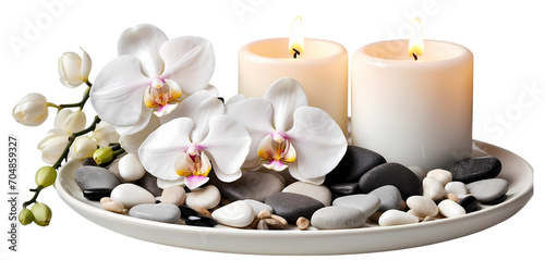 floral home decor with white orchid  candle and stones on ceramic plate isolated on transparent background PNG 