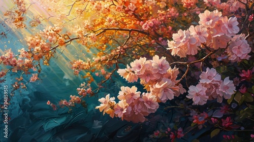  a painting of a tree with pink flowers in the foreground and the sun shining through the clouds in the background.