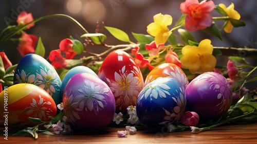 easter eggs and flowers  Fresh spring flowers and colorful Easter eggs. Creative decoration for Easter holidays​